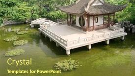  Presentation with pond - Slide set with china religion - it is a chinese building background and a tawny brown colored foreground