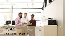  Presentation with people talking - Colorful presentation design enhanced with it professional - business technology break and people backdrop and a coral colored foreground