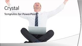  Presentation with laptop computers around the world backgroun - Amazing theme having it professional - businessman using laptop and cheering backdrop and a  colored foreground