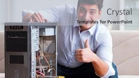  Presentation with desktop - Beautiful PPT theme featuring it-technician-repairing-broken-pc backdrop and a lemonade colored foreground