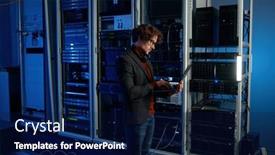  Presentation with server - PPT theme having it-technician-using-digital-tablet background and a navy blue colored foreground