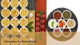  Presentation with mediterranean food - Presentation having italian and mediterranean food ingredients in porcelain bowls on marble over white background with tomato spaghetti background and a gold colored foreground
