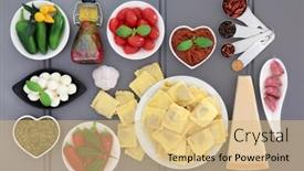  Presentation with mediterranean food - PPT layouts with italian and mediterranean food ingredients over grey wood background background and a coral colored foreground