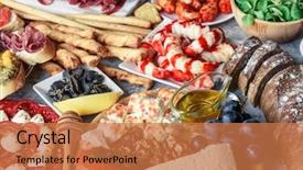  Presentation with italian food - Colorful PPT theme enhanced with italian antipasti snacks set brushettas backdrop and a coral colored foreground