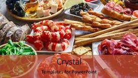  Presentation with italian food - Presentation having italian antipasti snacks set brushettas background and a red colored foreground