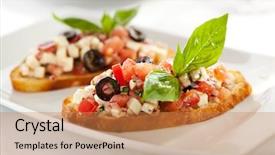  Presentation with appetizer - Colorful theme enhanced with italian appetizer bruschetta with tomatoes backdrop and a coral colored foreground