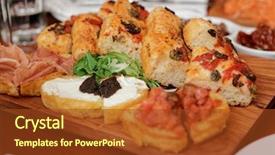  Presentation with appetizers - Presentation theme with starter fine dining - italian appetizers on wooden plank background and a tawny brown colored foreground