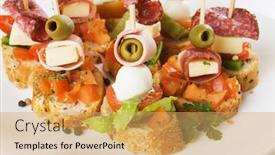  Presentation with olive - Slide deck consisting of italian canape with prosciutto olive mozarella cheese and bruschetta bread background and a yellow colored foreground