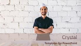  Presentation with restaurant kitchen - PPT theme having italian-chef-or-pizzaiolo background and a coral colored foreground