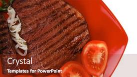  Presentation with italian cuisine - Beautiful theme featuring italian cuisine grilled steak with pasta and tomatoes on red plate isolated over white background backdrop and a tawny brown colored foreground