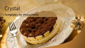  Presentation with tiramisu - Colorful slides enhanced with italian dessert - tiramisu over golden table selective backdrop and a yellow colored foreground