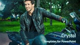  Presentation with man riding big bike motor - Audience pleasing slides consisting of cruiser - sexy biker man wearing jeans backdrop and a ocean colored foreground