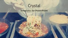  Presentation with commercial - Colorful slide set enhanced with chef frying mussels with pasta on commercial kitchen toned image backdrop and a soft green colored foreground