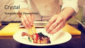  Presentation with sprout - Amazing PPT theme having chef is decorating duck leg with dried orange molecular caviar and pea sprout toned pic backdrop and a coral colored foreground