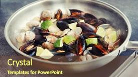  Presentation with clams - Amazing slide deck having clams and mussels fried with lime on hot pan at commercial kitchen toned image backdrop and a tawny brown colored foreground