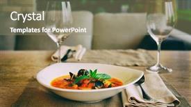  Presentation with table setting - Slide set consisting of tomato fish soup on restaurant background and a coral colored foreground