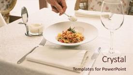  Presentation with pasta restaurant - Audience pleasing PPT layouts consisting of italian film - waiter is adding grated cheese backdrop and a lemonade colored foreground