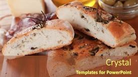  Presentation with olive - Theme with italian focaccia bread with olives rosemary and olive oil background and a red colored foreground