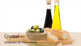  Presentation with italian food - Cool new theme with italian food appetizer of olives bread and spices isolated on white background backdrop and a yellow colored foreground
