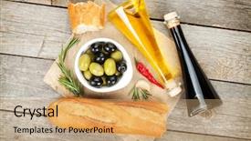  Presentation with italian food - Audience pleasing presentation theme consisting of italian food appetizer of olives bread and spices on wooden table background backdrop and a coral colored foreground