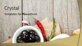  Presentation with italian food - Beautiful slide deck featuring italian food appetizer of olives bread and spices on wooden table background with copy space backdrop and a light gray colored foreground