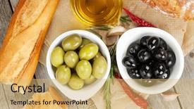  Presentation with italian food - Colorful slide set enhanced with italian food appetizer of olives bread and spices on wooden table background backdrop and a yellow colored foreground
