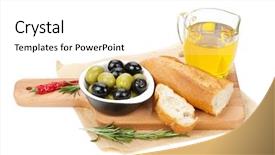  Presentation with italian food - Audience pleasing PPT layouts consisting of italian food appetizer of olives bread and spices isolated on white background backdrop and a white colored foreground