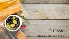  Presentation with italian food - Audience pleasing PPT layouts consisting of italian food appetizer of olives bread and spices on wooden table background with copy space backdrop and a light gray colored foreground