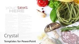 Presentation with italian food - Colorful PPT theme enhanced with italian food ingredients for cooking tomatoe garlic pepper mushroom pasta lemon salami over white with easy removable sample text backdrop and a white colored foreground