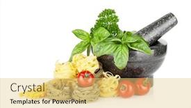  Presentation with italian food - Theme consisting of italian food pasta tomatoes fresh herbs in mortar isolated on white background background and a yellow colored foreground