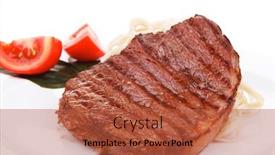  Presentation with italian food - Theme consisting of italian food pasta with tomato on basil and roasted sirloin beef steak on plate isolated over white background background and a red colored foreground