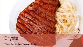  Presentation with italian food - PPT layouts consisting of italian food pasta with tomato on basil and roasted sirloin beef steak on plate isolated over white background background and a red colored foreground