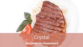  Presentation with italian food - Colorful slide set enhanced with italian food pasta with tomato on basil and roasted sirloin beef steak on plate isolated over white background backdrop and a coral colored foreground