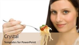  Presentation with italian food - Slide deck featuring italian food - portrait of healthy woman eat spaghetti with sauce background and a coral colored foreground