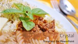  Presentation with macaroni - Colorful presentation theme enhanced with italian macaroni with original ingredients on golden fabric backdrop and a coral colored foreground