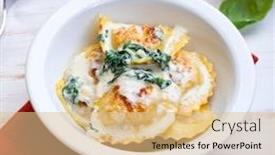  Presentation with spinach - PPT theme with italian panzerotti with cream cheese sauce and spinach background and a coral colored foreground