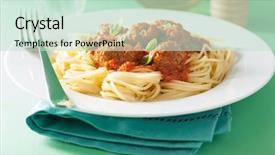  Presentation with spaghetti - Presentation theme enhanced with italian pasta - spaghetti with meatballs in tomato background and a soft green colored foreground