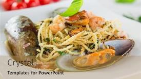  Presentation with pasta - Slide set having italian pasta aglio olio with sea fruit background and a gold colored foreground