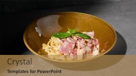  Presentation with pasta sauce - PPT theme having italian-pasta-carbonara-with-bacon background and a coral colored foreground