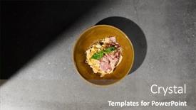  Presentation with pasta sauce - PPT theme featuring italian-pasta-carbonara-with-bacon background and a coral colored foreground