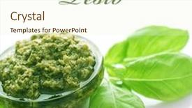  Presentation with pasta sauce - Theme consisting of italian pasta menu - pesto sauce and fresh basil background and a  colored foreground