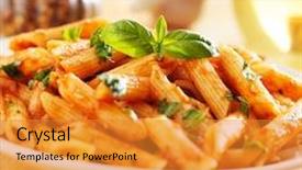  Presentation with penne pasta - PPT theme featuring italian penne pasta smothered in tomato sauce background and a gold colored foreground