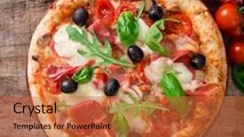  Presentation with served - Presentation theme enhanced with italian pizza served on wood background and a red colored foreground
