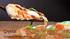  Presentation with served - Colorful presentation design enhanced with italian pizza served on wooden table backdrop and a red colored foreground