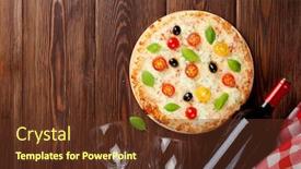  Presentation with red wine cheese - Slide deck enhanced with italian pizza with cheese tomatoes olives basil and red wine on wooden table top view with copy space background and a tawny brown colored foreground