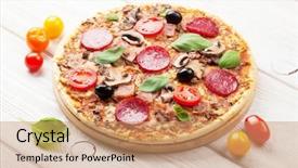  Presentation with italian - Theme having olives and basil on wood background and a coral colored foreground