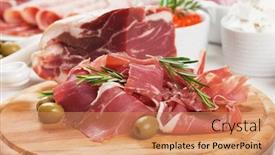  Presentation with smoked meat and cured meat - Slide deck consisting of italian prosciutto cured pork meat background and a coral colored foreground
