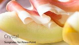  Presentation with italian food - Audience pleasing presentation theme consisting of italian prosciutto with melons slices of traditional ham with melons tasty appetizer food background close up backdrop and a yellow colored foreground