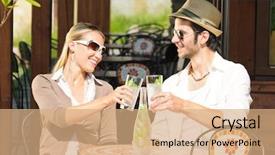  Presentation with summer drinking water - Theme consisting of italian restaurant terrace elegant couple background and a coral colored foreground