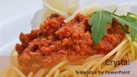  Presentation with white cheese - Beautiful theme featuring italian spaghetti topped with bolognaise or bolognese sauce with tomatoes meat and cheese on a plain white plate backdrop and a gold colored foreground